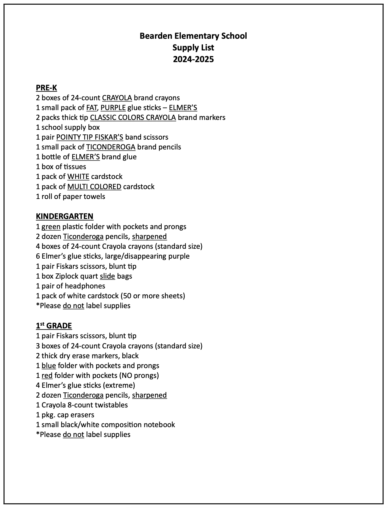 Bearden Elementary Supply List 2024-2025